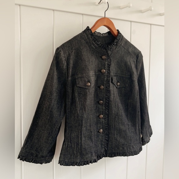 Sandro Denim Ruffle Jacket Tweed Pattern Women’s Petite Large Quiet Luxury - Picture 5 of 16